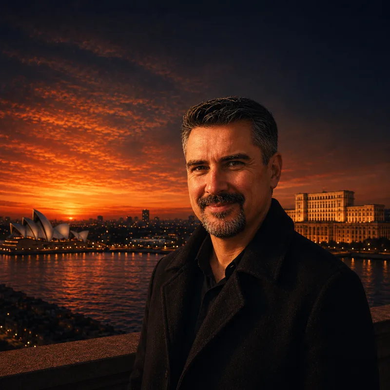 Razvan Popescu, founder of RekomAi, overlooking Sydney at dusk